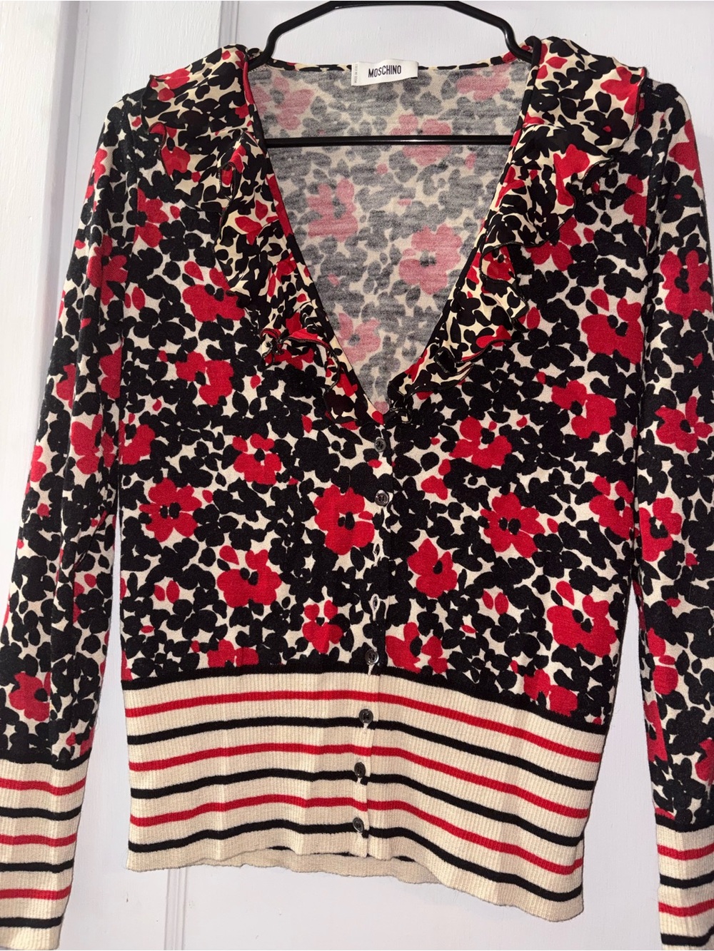 Vintage Moschino Red Black Floral Button-Front Cardigan